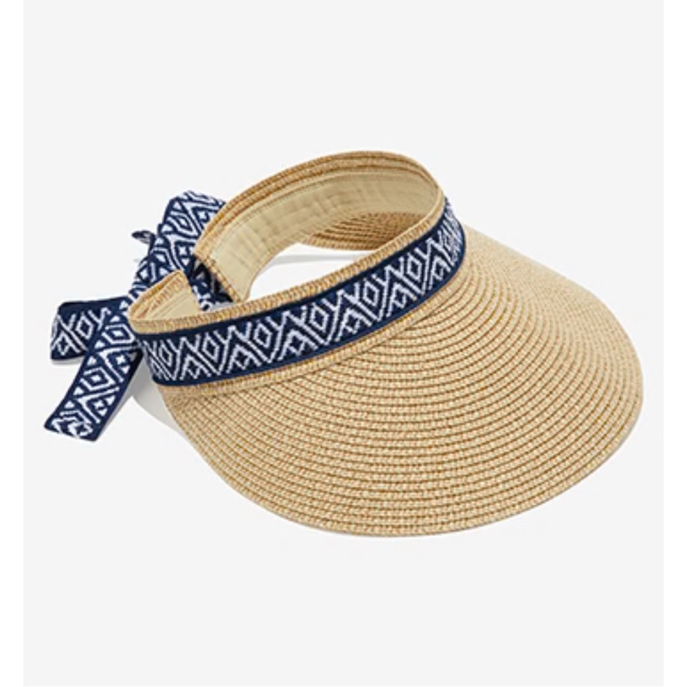Packable Straw Visor with Blue Ribbon